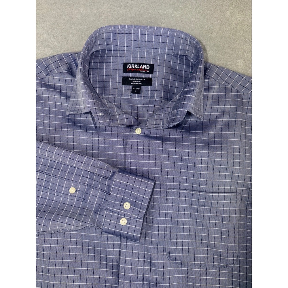 Kirkland Signature Mens 16X32/33 Tailored Fit Non-Iron Blue Windowpane Shirt LG